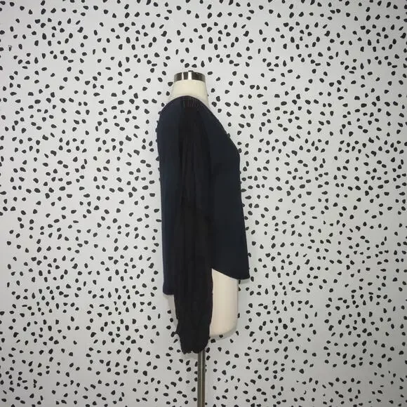 Free People Navy Mixed Media Light Magic Henley Balloon Sleeve Top - Picture 8 of 12